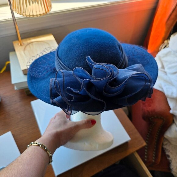 Vtg Betmar Veiled Derby Hat Womens Navy Wide Brim Formal Hatinator Fascinator - Picture 3 of 8